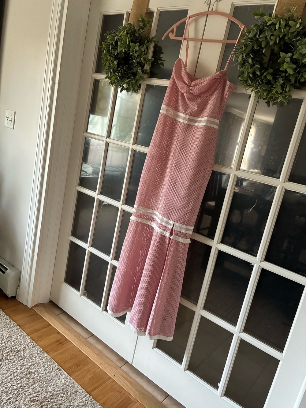 Pink Sleeveless Crochet Knit Maxi Dress with White Stripes
